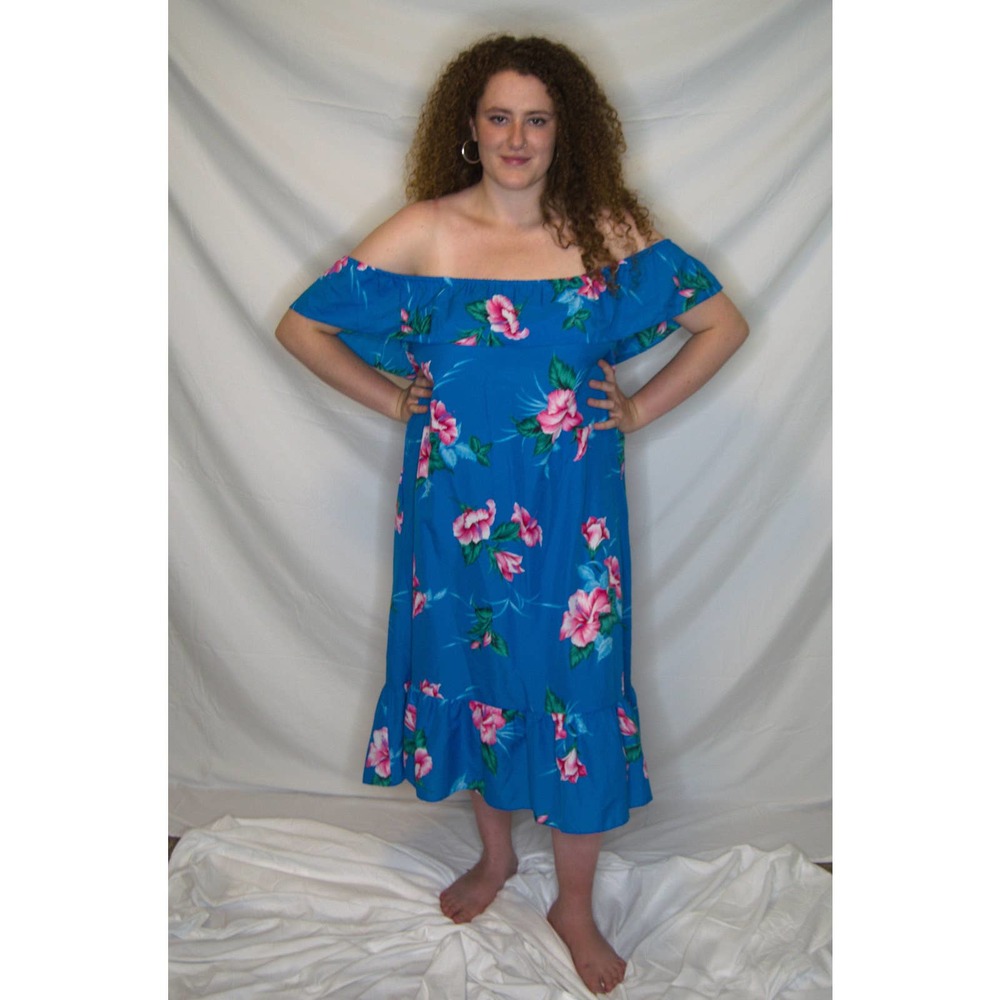 1980's Off The Shoulder Hawaiian Print Dress